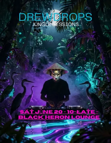 Flyer for Jungle Sessions, Saturday, June 20, 2026 — artwork by Drew Drops