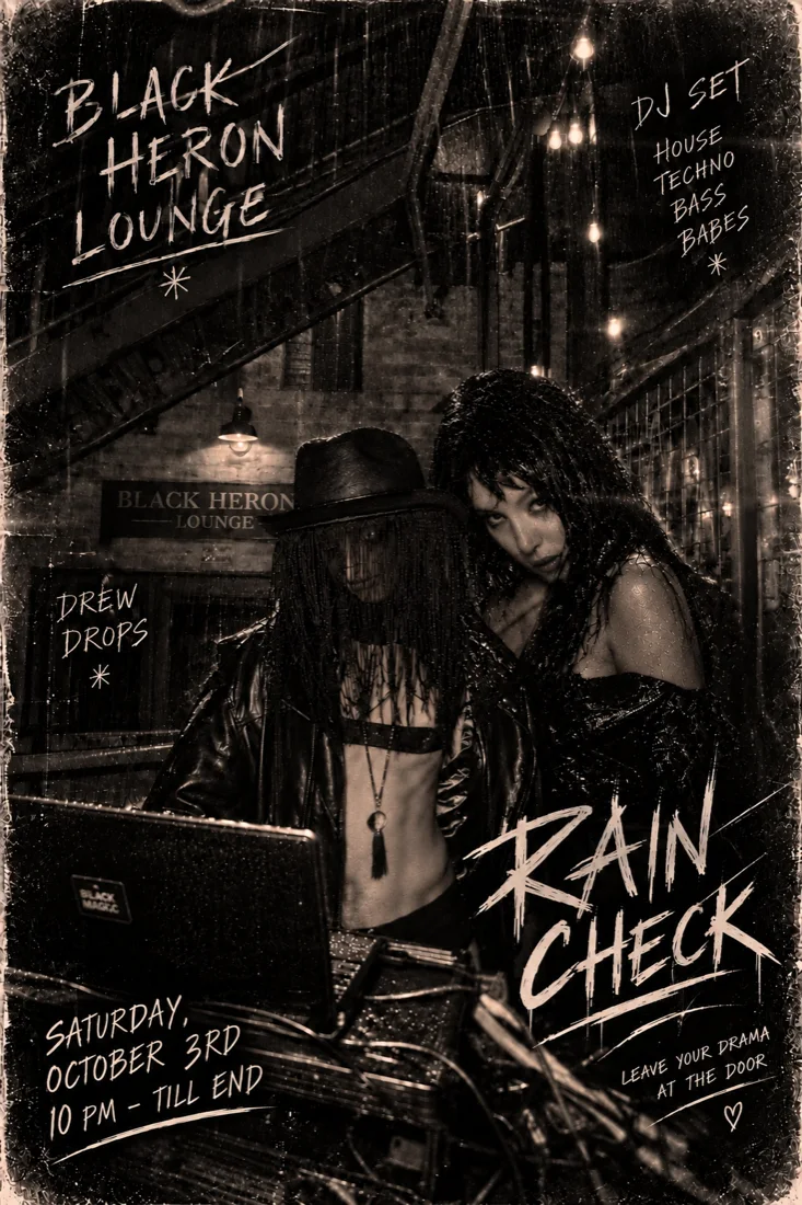 Flyer for Rain Check on Saturday, October 3, 2026, designed by Drew Drops